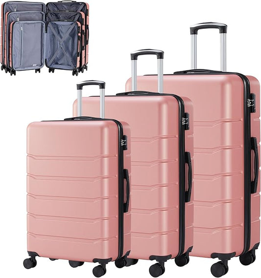 Simple Deluxe 3-Piece Luggage Sets, Suitcase with Double Spinner Wheels & TSA Lock, Hard Shell Suitcase, Expandable Rolling Lightweight Luggage, Pink