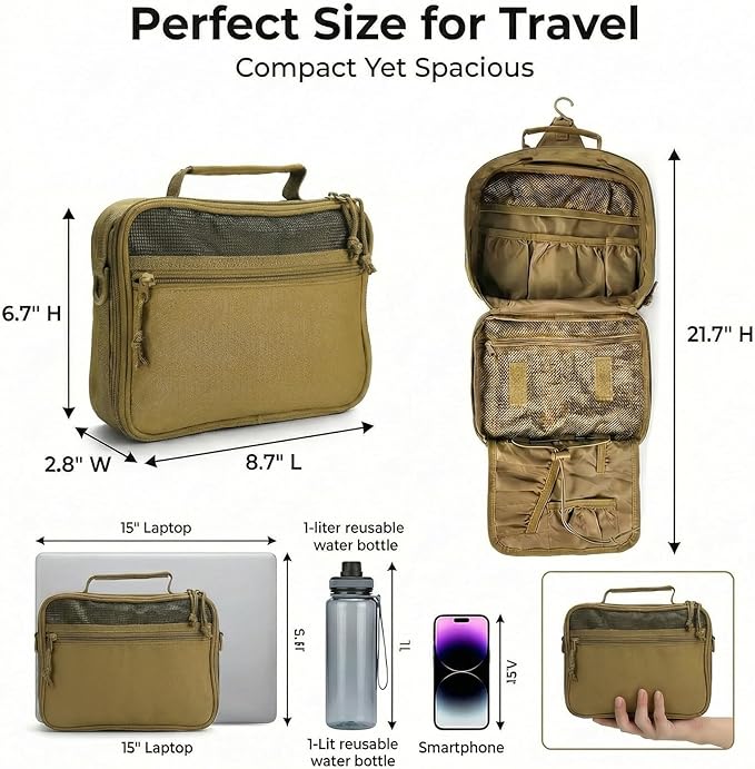Mens Toiletry Travel Bag, Tactical Toiletry Bag for Men, Bathroom Hanging Travel Toiletry Bag for Men Shaving Hygiene Bag Travel Toiletry Organizer Short Trips Bag, Khaki
