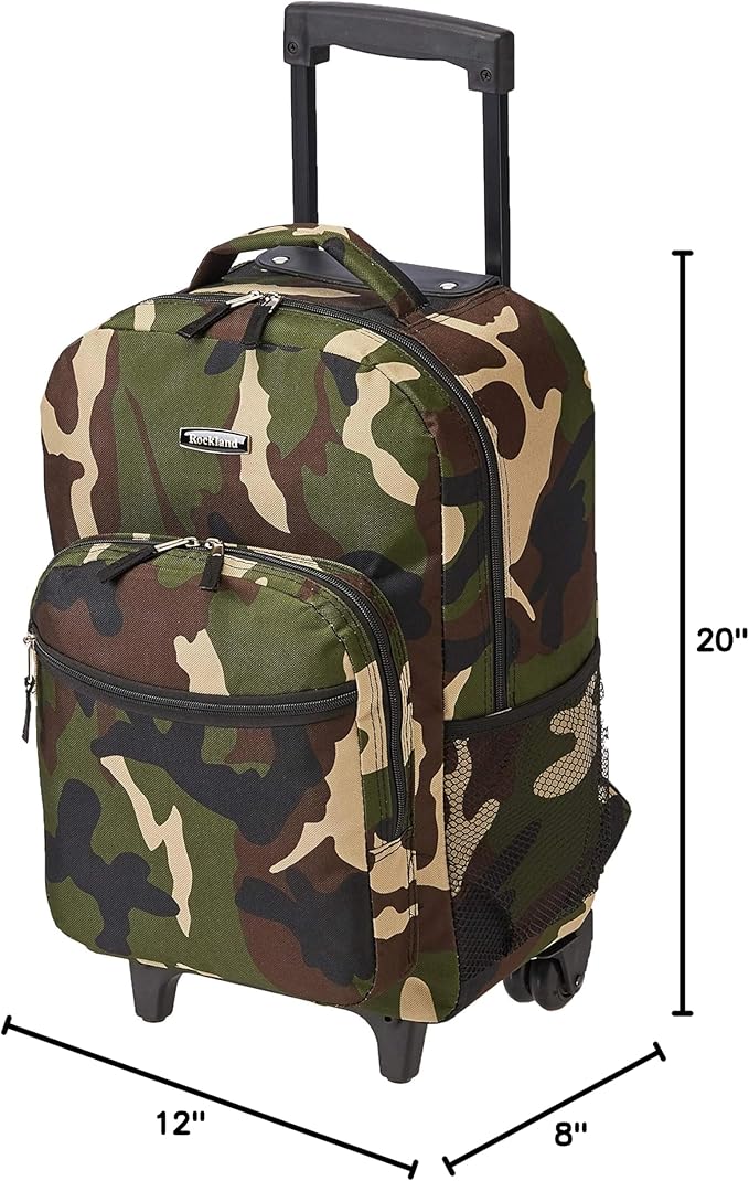 Rockland Double Handle Rolling Backpack, Camo, 17"
