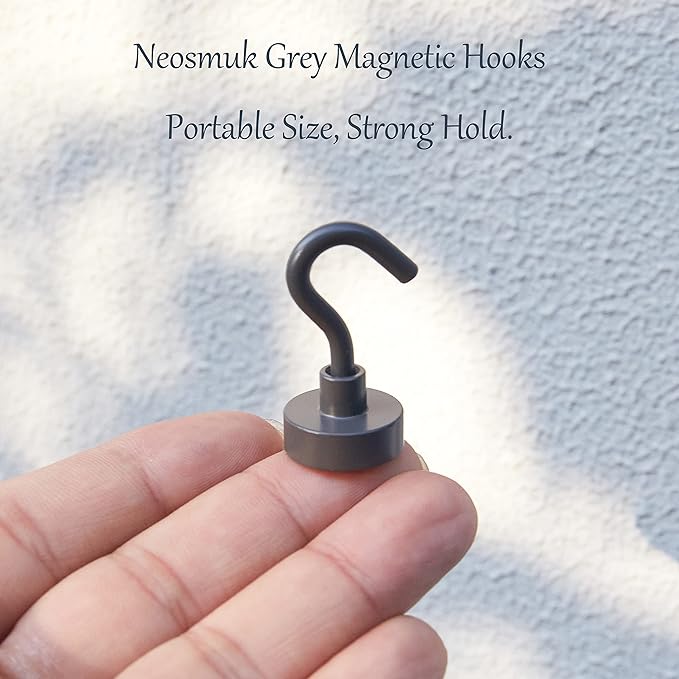 Neosmuk Magnetic Hooks, 30lb+ Heavy Duty Earth Magnets with Hook for Refrigerator, Extra Strong Cruise Hook for Hanging, Magnetic Hanger for Curtain, Grill(Grey, Pack of 6)
