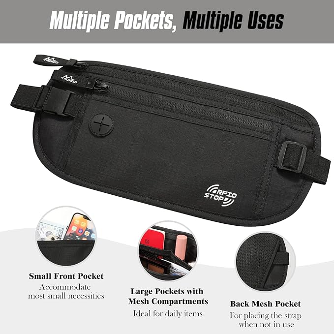 MoKo Secure Travel Money Belt, Undercover Hidden RFID Blocking Travel Wallet, Anti-Theft Passport Wallets for Men Women