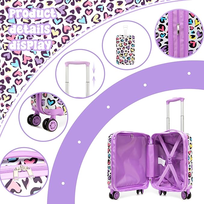 Kid's Luggage Set 2 Piece Suitcase Set Hardside Luggage with Spinner Wheels Girls Carry on Toddler Travel Rolling Suitcase with Neck Pillow Airline Approved