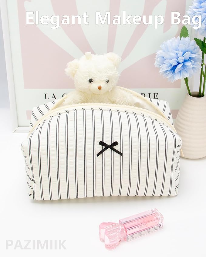 PAZIMIIK Cozy Makeup Bag Small Aesthetic Travel Zipper Cosmetic Pouch for Women Make Up Beauty Accessories Brushes, Stripe Black