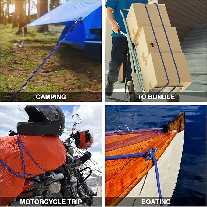 WORKPRO 24 Inch Bungee Cords with Hooks, 4 Pack Superior Rubber Heavy Duty Bungee Straps Strong Elastic Rope for Outdoor Tent, Luggage Rack, Camping, Cargo, RV, Bike, Transporting, Storage, Blue