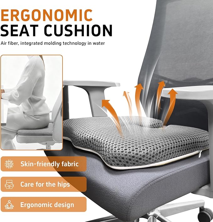 Air Fiber Seat Cushion for Office Chair, Breathable U-Shape Tailbone Relief Cushion for Desk Chair, Washable Ergonomic Chair Pad for Driving & Gaming, Cooling Mesh Back Support(Grey, 13.8″*17.7″)