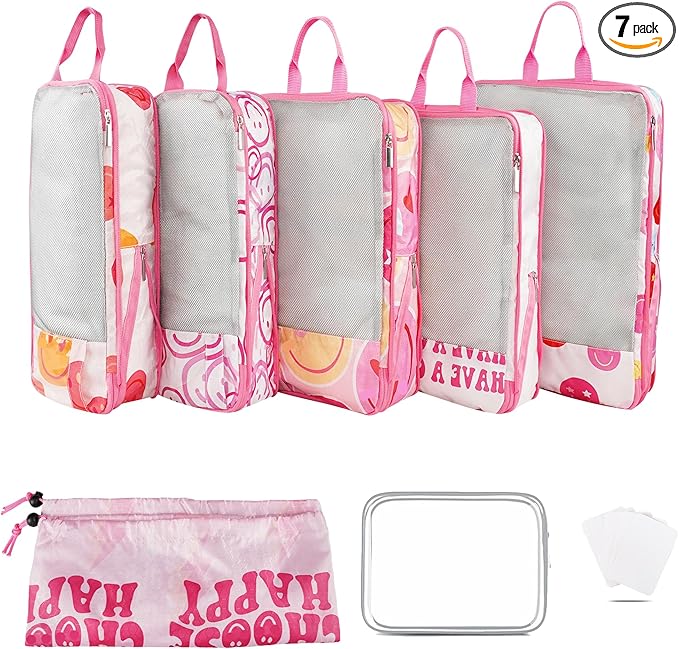7 Pcs Compression Packing Cubes for Travel Luggage, Lightweight Suitcase Organizer Bags Set, Compression Packaging Cube for Travel Essentials, Packing Cubes for Carry on Suitcase