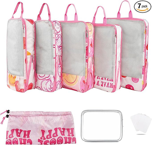 7 Pcs Compression Packing Cubes for Travel Luggage, Lightweight Suitcase Organizer Bags Set, Compression Packaging Cube for Travel Essentials, Packing Cubes for Carry on Suitcase