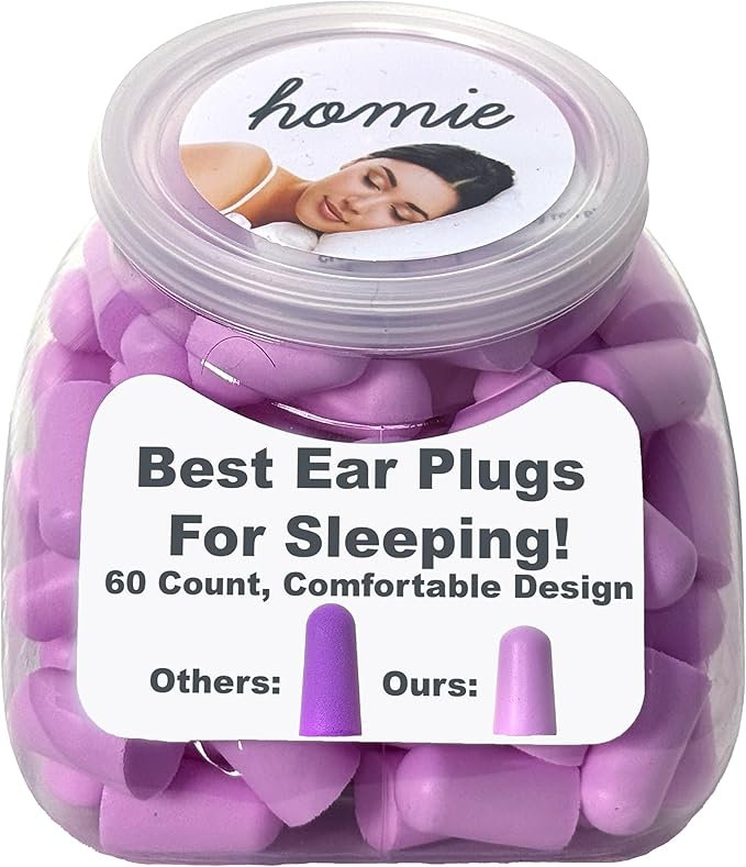 Homie Foam Earplugs for Sleeping, 60 Pair - 33dB Highest NRR, Comfortable Ear Plugs for Sleeping, Snoring, Travel, Concerts, Studying, Loud Noise, Work (Violet)