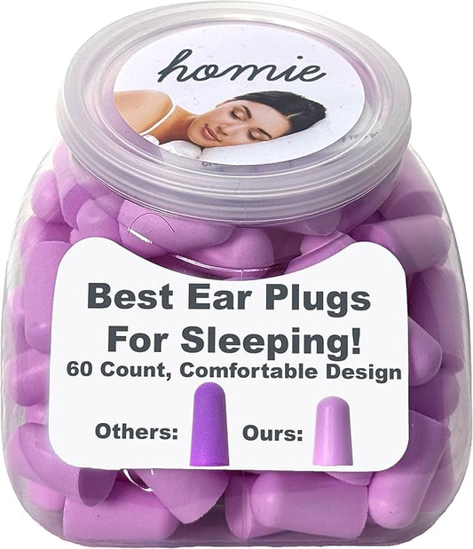 Homie Foam Earplugs for Sleeping, 60 Pair - 33dB Highest NRR, Comfortable Ear Plugs for Sleeping, Snoring, Travel, Concerts, Studying, Loud Noise, Work (Violet)