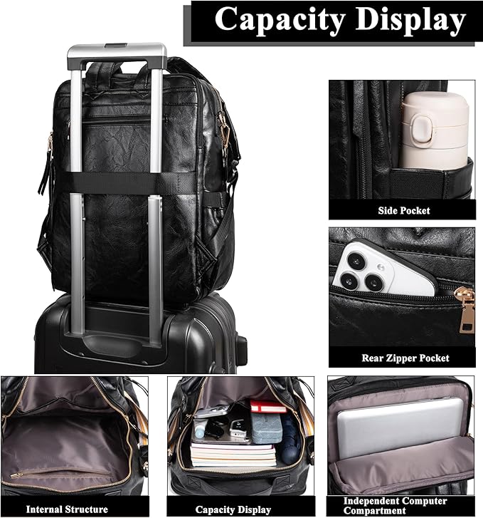 myfriday PU Leather Large Backpack Purse for Women Casual Travel Backpack Convertible Satchel Handbags With Luggage Strap (Black)
