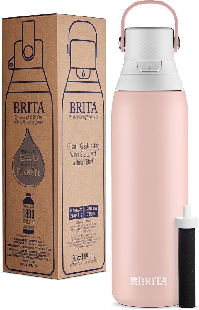 Brita Stainless Steel Premium Filtering Water Bottle, BPA-Free, Reusable, Insulated, Replaces 300 Plastic Water Bottles, Filter Lasts 2 Months or 40 Gallons, Includes 1 Filter, Rose - 20 oz