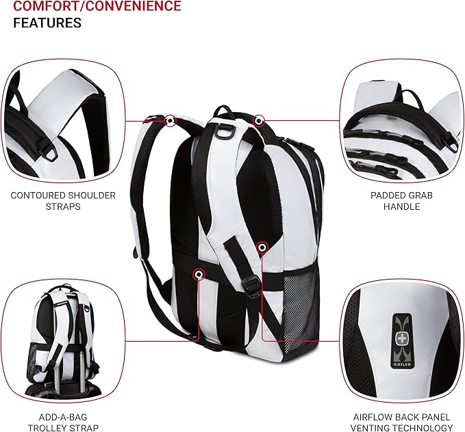 SWISSGEAR Cecil 18-Inch Laptop Backpack Fits 16-Inch Laptop, Travel Daypack with Organizer Pockets, Water Bottle Holders & Padded Straps – White