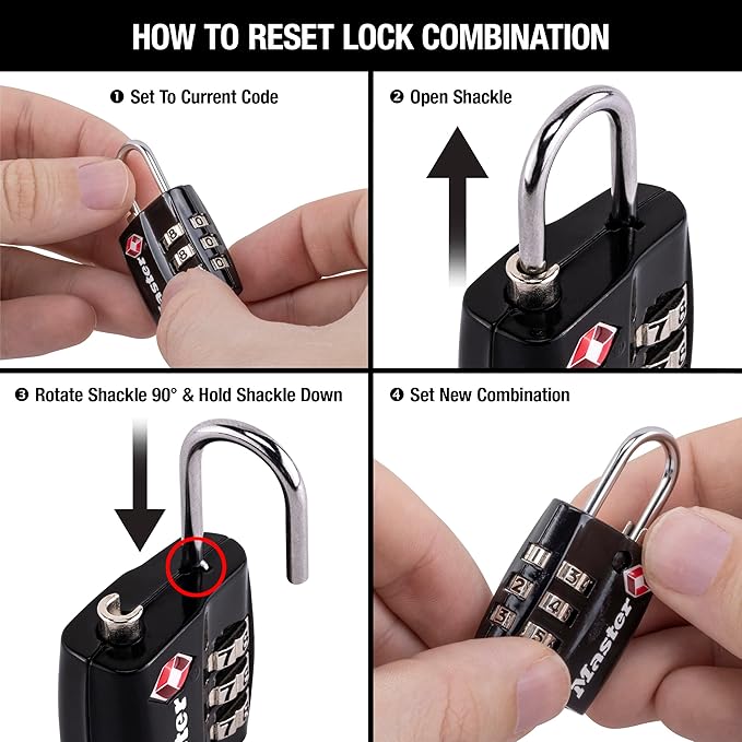 Master Lock Black TSA-Approved Luggage Lock with Wide Lock Body and Thin, Durable Steel Shackle, Zipper Lock for Backpacks, Luggage, 3 pk, 4680BLKEC3