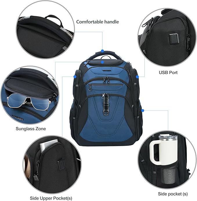 KROSER Friendly Travel Laptop Backpack 18.4 inch XXXL Gaming Backpack Water-Repellent College Daypack Business Backpack with RFID Pockets & USB Port for Men/Women-Black/Haze Blue