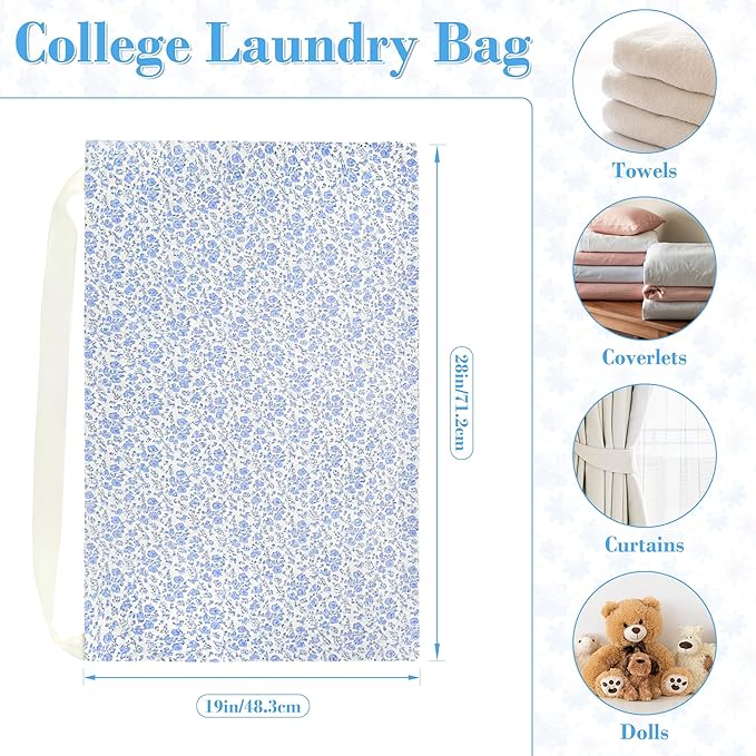 College Laundry Bag 29"×18", Waterproof Dirty Clothes Bag with Handles & Locking Drawstring, Large Capacity Floral Laundry Backpack for Dorm, Laundromat, Apartment, Travel & Camping (Blue)