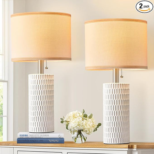 Reaketon 20" Modern Ceramic Table Lamps for Bedroom Set of 2, Small Table Lamps for Night Stands, Living Room, Home Office and Hallways, White