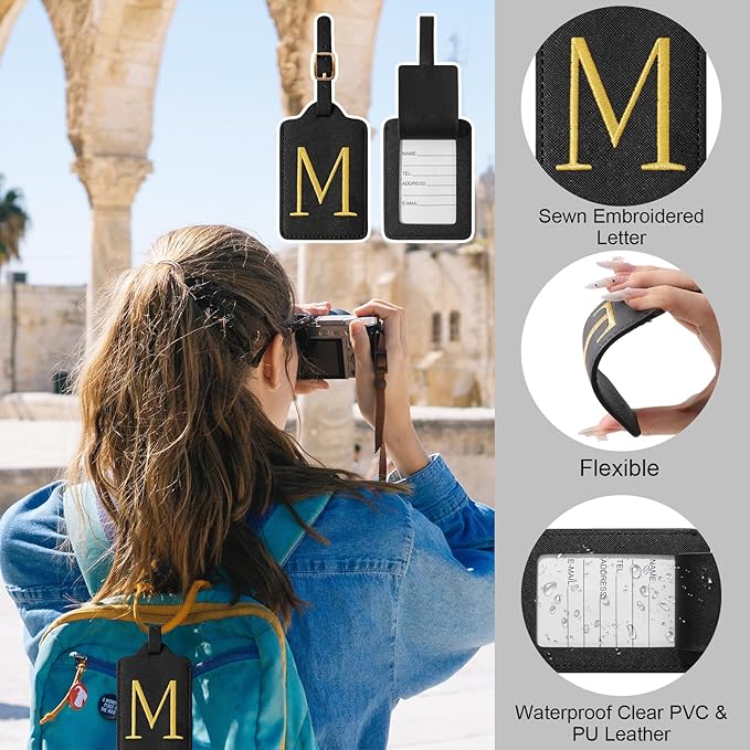 Personalized Initial Luggage Tags for Suitcases, Cute PU Leather Embroidered Letter Travel Luggage Tags, Suitcase Identifier Name Baggage Tag, Bag Tags for Men Women Kids Luggage Handbags(Black M)
