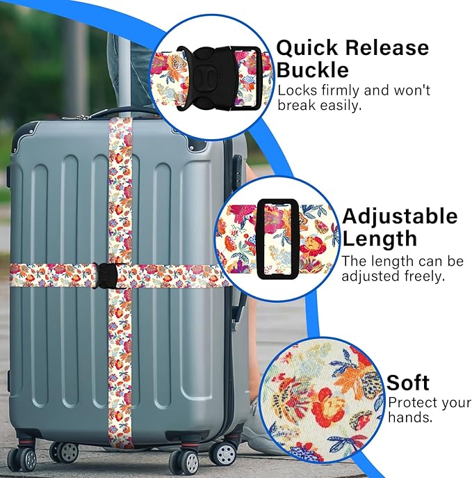 Luggage Straps for Suitcases, Travel Adjustable Belt with Quick Release Buckle, Heavy Duty Nylon Bag Packing Strap, Unique Bright Identifiers Business Travel Accessories (2 Pack) - Rose Flowers