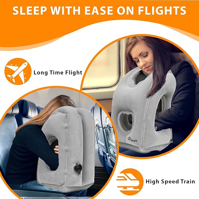 Inflatable Travel Pillow - Airplane Pillow for Neck Support on Long Flights, Buses, Cars, Office & Trains - Comes with Eye Mask, Earplugs & Portable Drawstring Bag - Grey
