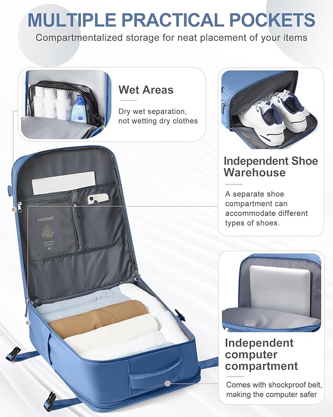 coowoz Large Travel Backpack Carry On for Women Man Waterproof Gym Backpacks with Laptop Compartment Mochila de Viaje Teacher Personal Item Backpack Rucksack Airplane Accessories Must Haves Sky Blue