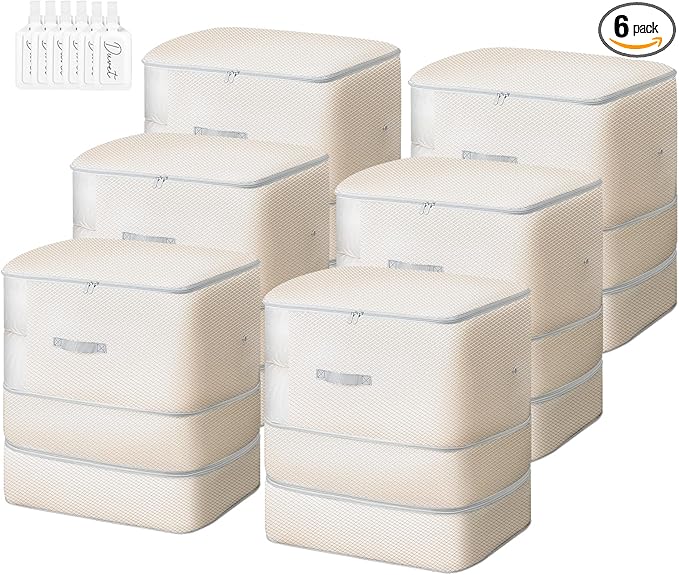 Comforter Storage Bag - 130L Large Capacity Blanket Storage Bags 3-Layer Ultra Space Saving Self Compression Organizer, Washable Compression Bags for Storage Comforter Blanket, 6-Pack, Beige