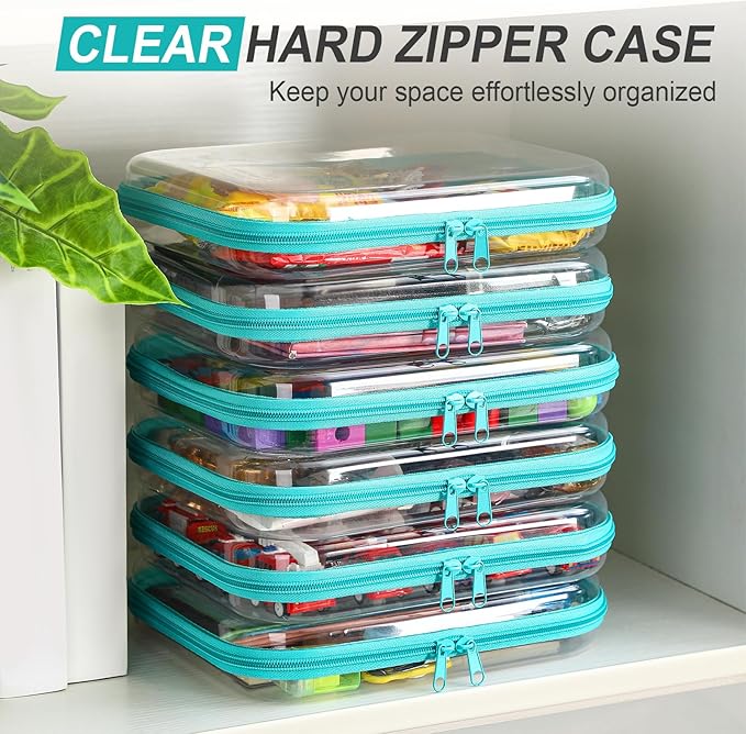 Sanwuta 6 Pcs Clear Hard Zipper Case Plastic Zipper Pouches Transparent Makeup Bag Pencil Case Pouches Toiletry Diaper Bag for Travel Toy Storage Organizer Bins(Teal,9.84 x 7.87 x 2 Inch)