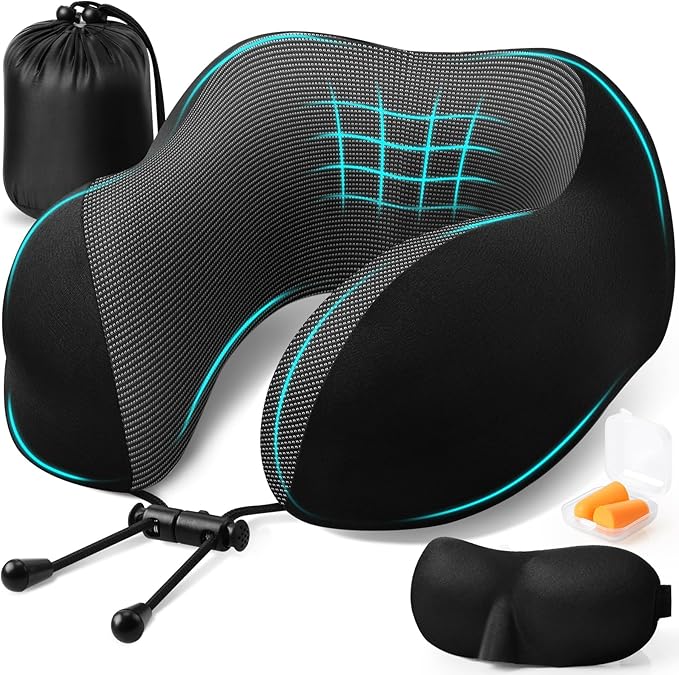Travel Pillow, Travel Pillows for Sleeping Airplane, Neck Pillow Airplane, Memory Foam Neck Pillow Set with Eye Mask, Earplugs and Storage Bag -Black