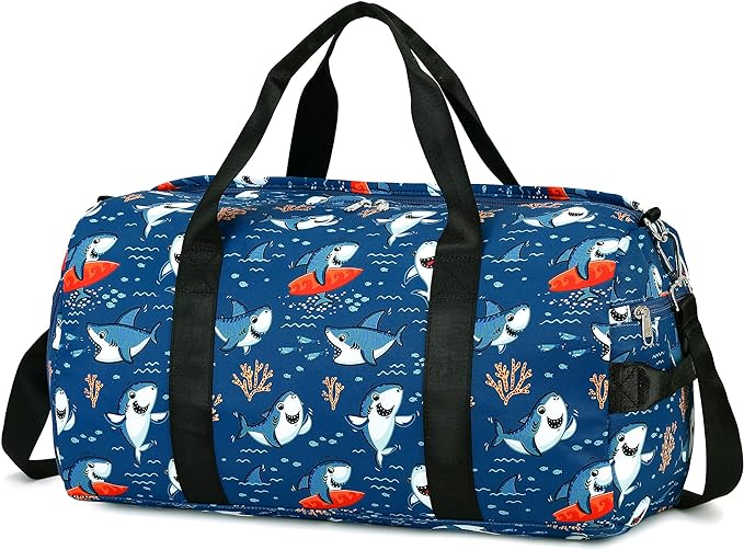 CAMTOP Kids Duffel Overnight Bag for Boys and Girls Toddler Carry-On Size Tote for Travel Duffle Gym Sport (Shark-Dark Blue)