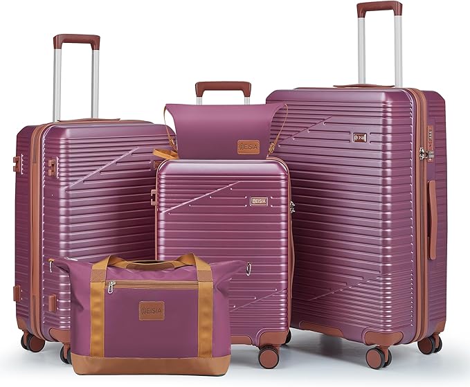 Luggage Sets 3 Piece, Hard Shell Carry on Suitcase with Spinner Wheels and TSA Lock, Travel Lightweight Luggage Set with YKK Zippers (Purple, 5 piece sets（20/24/28/DB/TB)