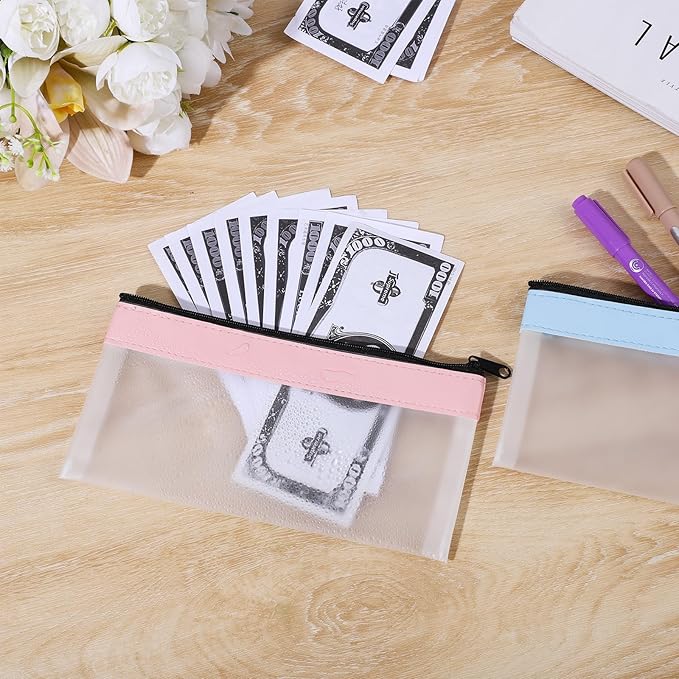 2 Pieces Money Bags with Zipper, Money Envelopes 7.8×3.9 Inch, 2 Colors Money Pouch Clear Bank Deposit Cash Bag for Multi-Purpose Check Wallet Collectors