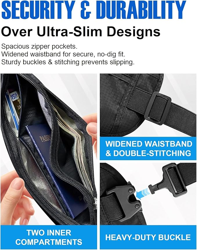 Hidden Money Belt for Travel, RFID Blocking, Sweat-Proof, Heavy-Duty Buckle, 3rd Gen Waist Wallet Anti Theft to Protect Cash, Credit Cards and Documents Under-Clothes for Men & Women, Black