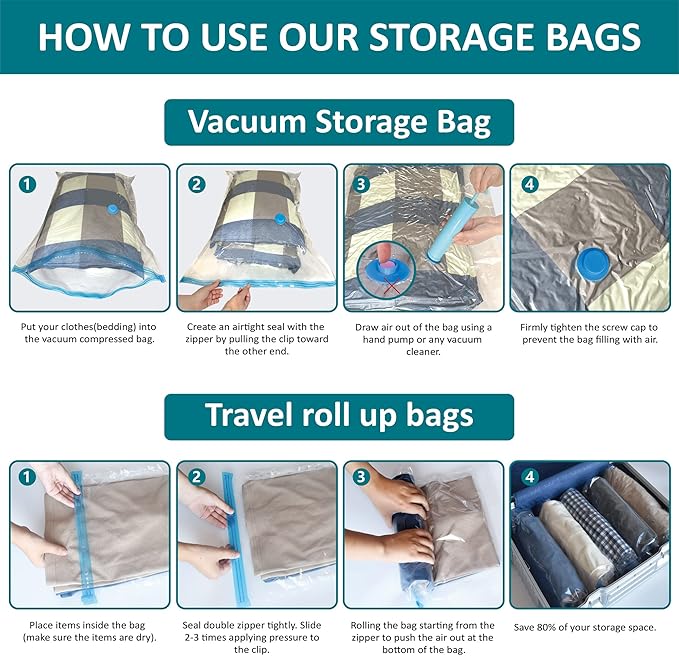 Cozy Essential Vacuum Storage Bags, 80% Compression Vacuum Seal Space Saver Plastic Packaging Bags for Clothes, Blankets, Pillow, Bedding, Comforters, Sealer Clothing Storage,30 Combo