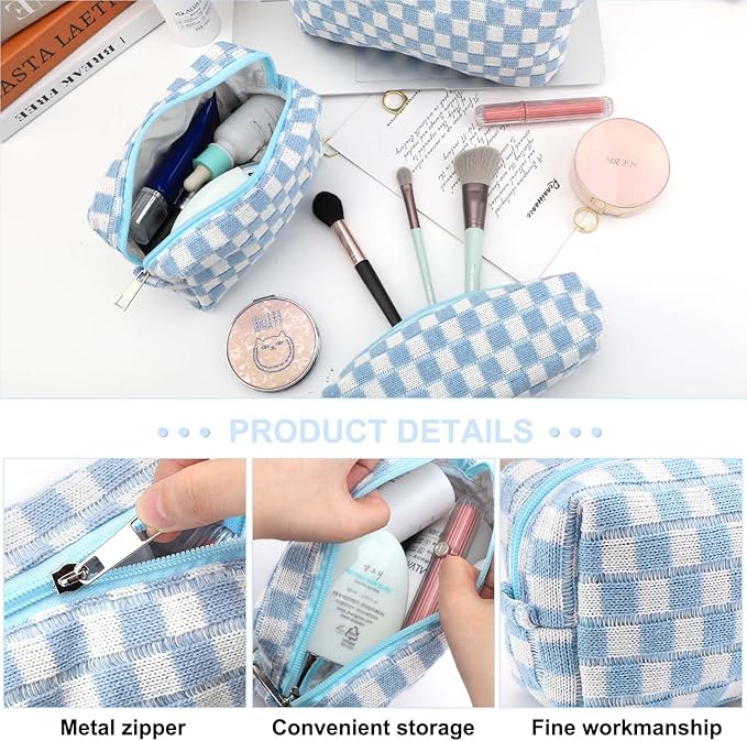 EIMMBD Makeup Bag 3 Pieces Large Capacity Checkered Cosmetic Bags Travel Toiletry Bag Organizer Cute Makeup Pouch Storage for Women(Blue)