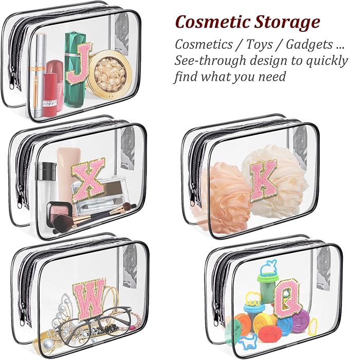 Clear Toiletry Bag,Portable Travel Toiletry Bag,Chenille Letter Cosmetic Bag with Zipper,Waterproof Makeup Bag,Cosmetic Storage Organizer for Women Men,Travel Essentials (Black,L)