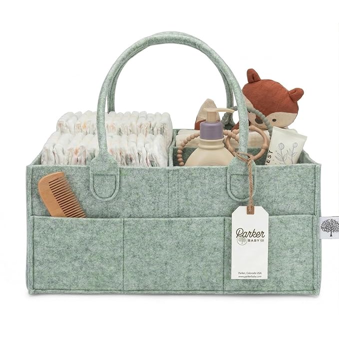 Parker Baby Diaper Caddy - Nursery Storage Bin and Car Organizer for Diapers and Baby Wipes - Sage Green, Large