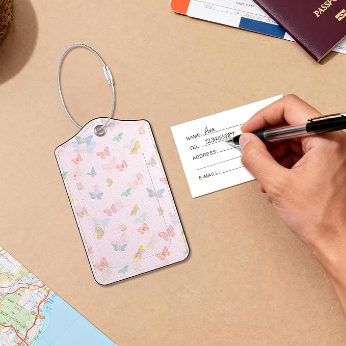 2 Pack PU Leather Luggage Tags for Suitcases, Privacy Protection Cover with Stainless Steel Loop and Address Card, Travel Cruise Essentials (Pink Butterfly)