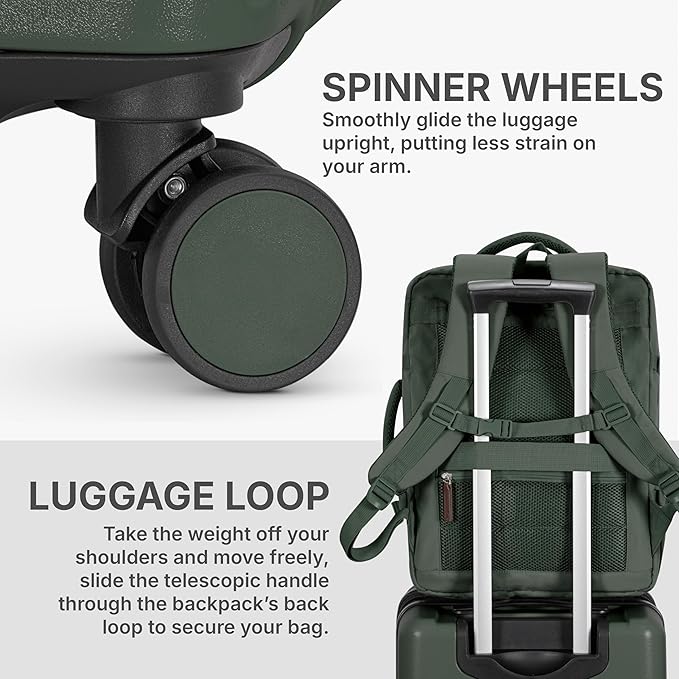 U.S. Traveler Vista Way 3-Piece Travel Set, 21-Inch Carry-on Hardside with TSA Lock, 18-Inch Travel Backpack with Laptop Sleeve, Toiletry Bag, Green