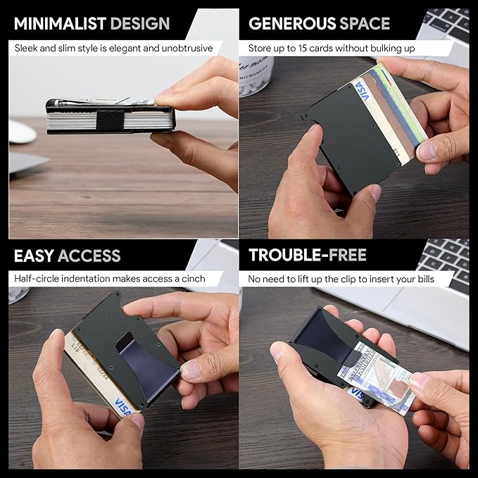 Carbon Fiber Minimalist Wallet for Men Credit Card Holder Money Clip & Cash Strap Slim RFID Mens Wallets(Matt Green)