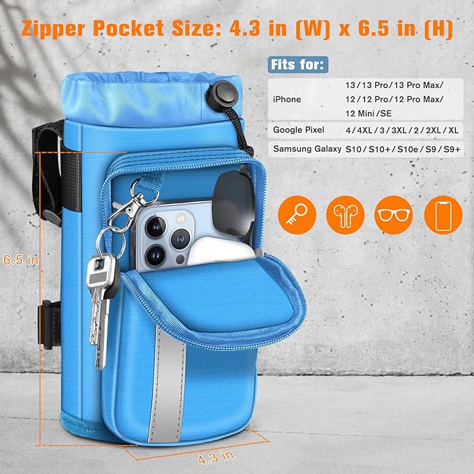 FINPAC Cup Holder for Bike, Universal Water Bottle Holder with Phone Pockets for Stroller Walker Golf Cart Rollator and Scooter, Outdoor, Biking - Blue