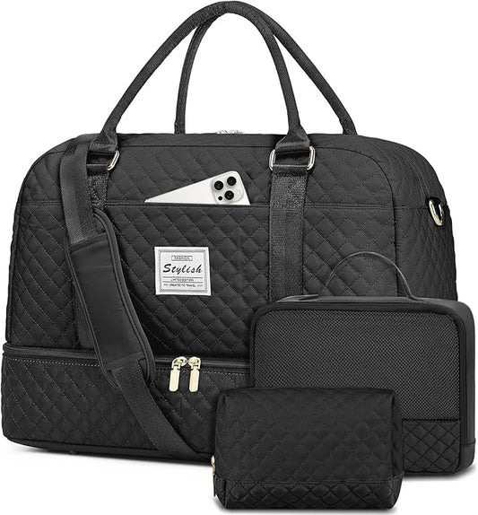 Weekender Travel Duffle Bag for Women: Overnight Bags with Shoe Compartment Carry on duffel Bag for Airplanes with 2 PCS Toiletry Bags Weekend Yoga Gym Hospital Bag with Wet Pocket Black