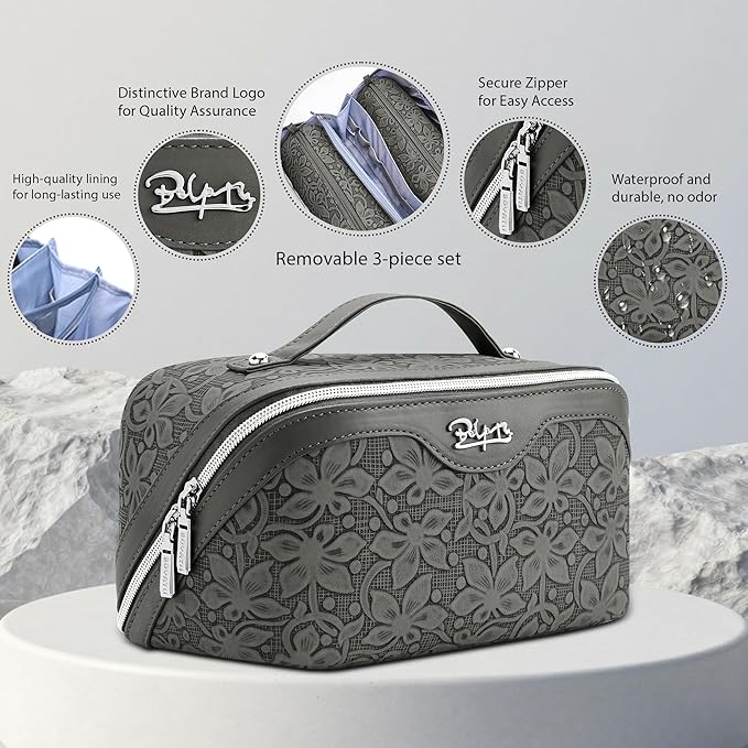 BOYATU Travel Makeup Bag Cosmetic Bags for Women: Large Capacity 3 Pcs Set Make up Bag with Compartments - Waterproof Vegan Leather Toiletry Organizer Bags with Handle (Z-62Grey)