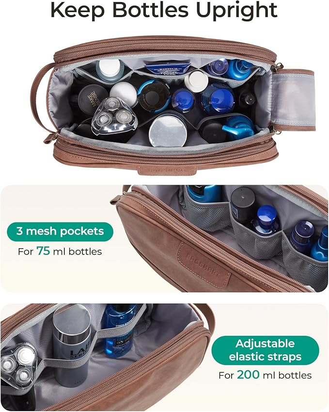 BAGSMART LargeToiletry Bag for Men, Soft Matte PU Leather Travel Bag for Toiletries, Dopp Kit Water Resistant Shaving Bag for Bathroom Shower-Light Brown