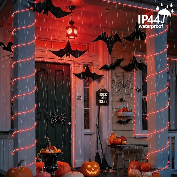 YEGUO Red Solar Halloween Lights, 66ft 200 LED Solar Rope Lights Outdoor Waterproof, 8 Modes Fairy Lights in Clear Thin Tube