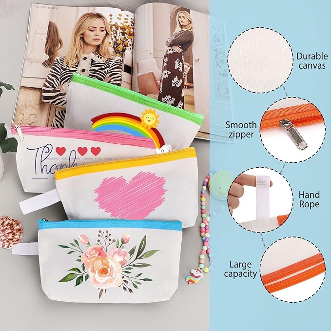 10 Pieces Cotton Canvas Makeup Bag with Bottom and Strap, Multi-Purpose Cosmetic Bag with Zipper Travel Toiletry Pouch, Blank DIY Craft Bag (Multicolor 01, XS)