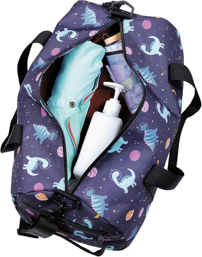 Kids Duffle Bag Overnight Bags for Boys and Girls Weekender Sleepover Carry-On Tote for Traveling Gym Sport Dance (Dinosaur Navy)