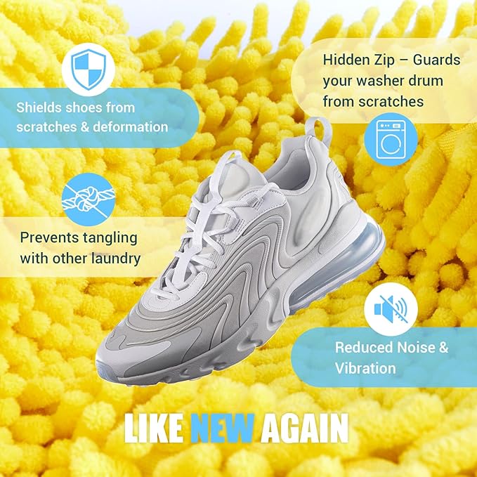 Shoe Washing Machine Bag, 2 PC Reusable XXL Shoes Laundry Bag for Washer & Dryer with Concealed Heavy-Duty Zipper to Protects Shoes & Machine, Cleaning Bag for Sneakers & Tennis Shoe(Yellow)
