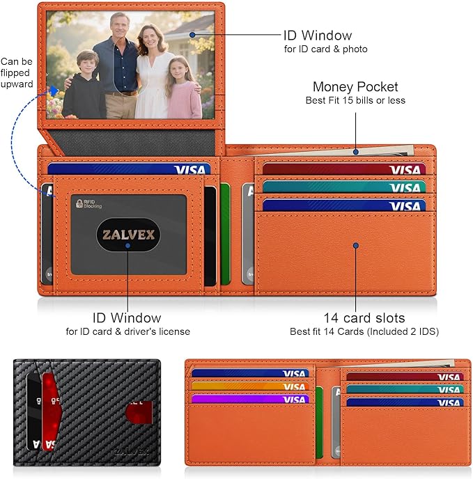 Wallet for Men Slim RFID Blocking Leather Credit Card Holder Wallet for 14 Cards, Bifold Minimalist Thin Wallet with 2 ID Windows & Cash Slot, Front Pockt Carteras Para Hombres, Birthday Gifts for Men