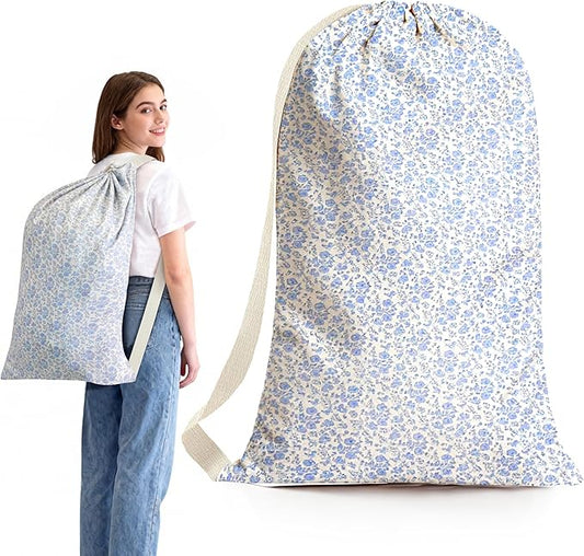 College Laundry Bag 29"×18", Waterproof Dirty Clothes Bag with Handles & Locking Drawstring, Large Capacity Floral Laundry Backpack for Dorm, Laundromat, Apartment, Travel & Camping (Blue)