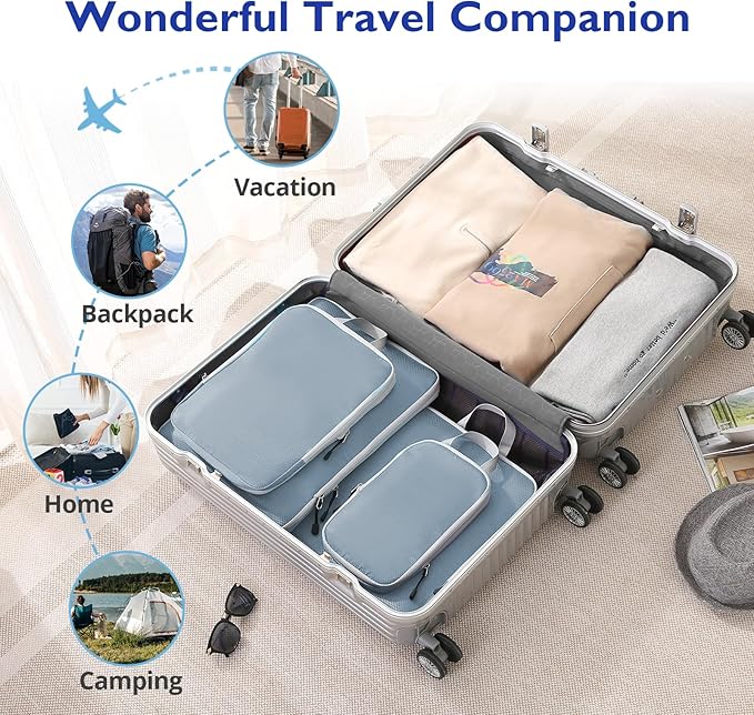 Compression Packing Cubes, 10 Set Packing Cubes for Travel Compression, Lightweight Compressible Package Organizer for Carry On and Suitcases, LakeBlue and Grey