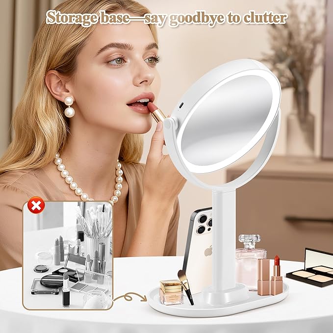 MOMOKUBA Makeup Mirror with Lights, Double Sided 1x/30x Magnifying Mirror with Light, Rechargeable 3 Color Lights and Adjustable Brightness, 360° Rotation Detachable Comes with Tweezer(Ivory)